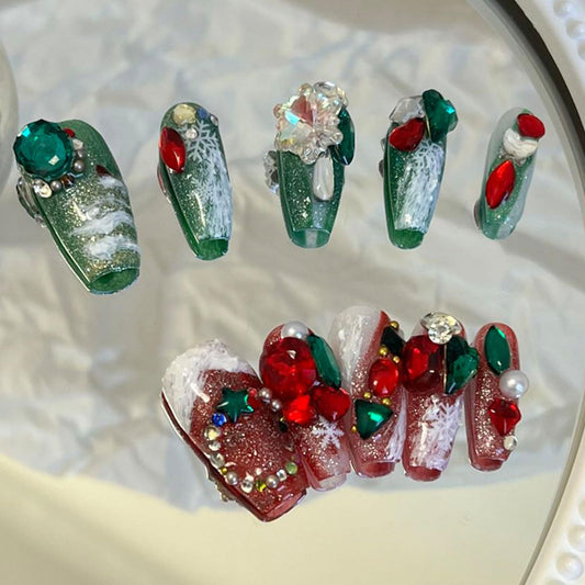 Fake Nails Handmade Press on Nails 3D Rhinestone Stylish Gel Reusable 10pcs Long Coffin Fake Nails Suitable for Halloween and Christmas (Red and Green-S)