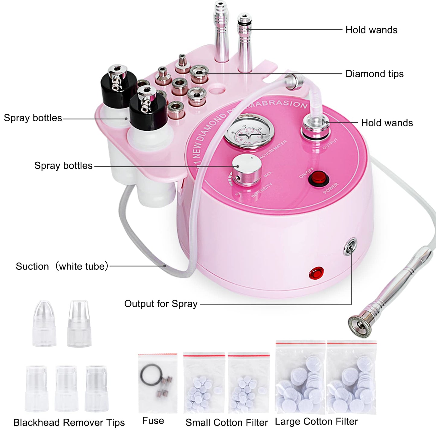 3 in 1 Pink Diamond Dermabrasion Machine Professional Pore Vacuum for Skin Toning Black Head Removal Cleaner with 0-70 cmHg Suction Power Facial Treatment Machine for Home Use