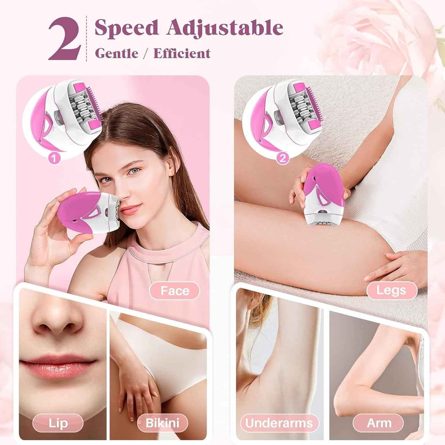 Epilator for Women, Smooth Glide Epilator Facial Hair Remover for Women with 2 Speed & LED Light, Electric Epilator for Women Facial Hair Removal Suitable for Face, Bikini Areas, Underarms, Arms, Legs