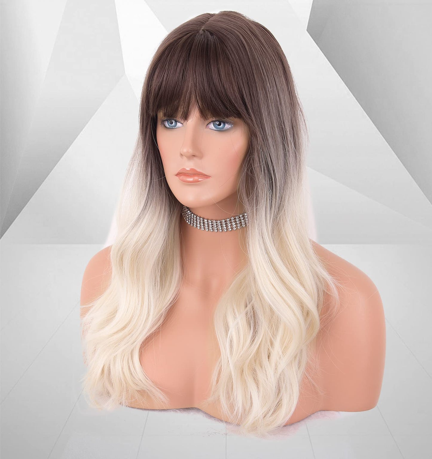 LANOVA Dark Brown Ombre White Blonde Wigs with Bangs Natural Wavy Hair 613 Wigs Synthetic Glueless Wigs for Women 20 inch LANOVA-136