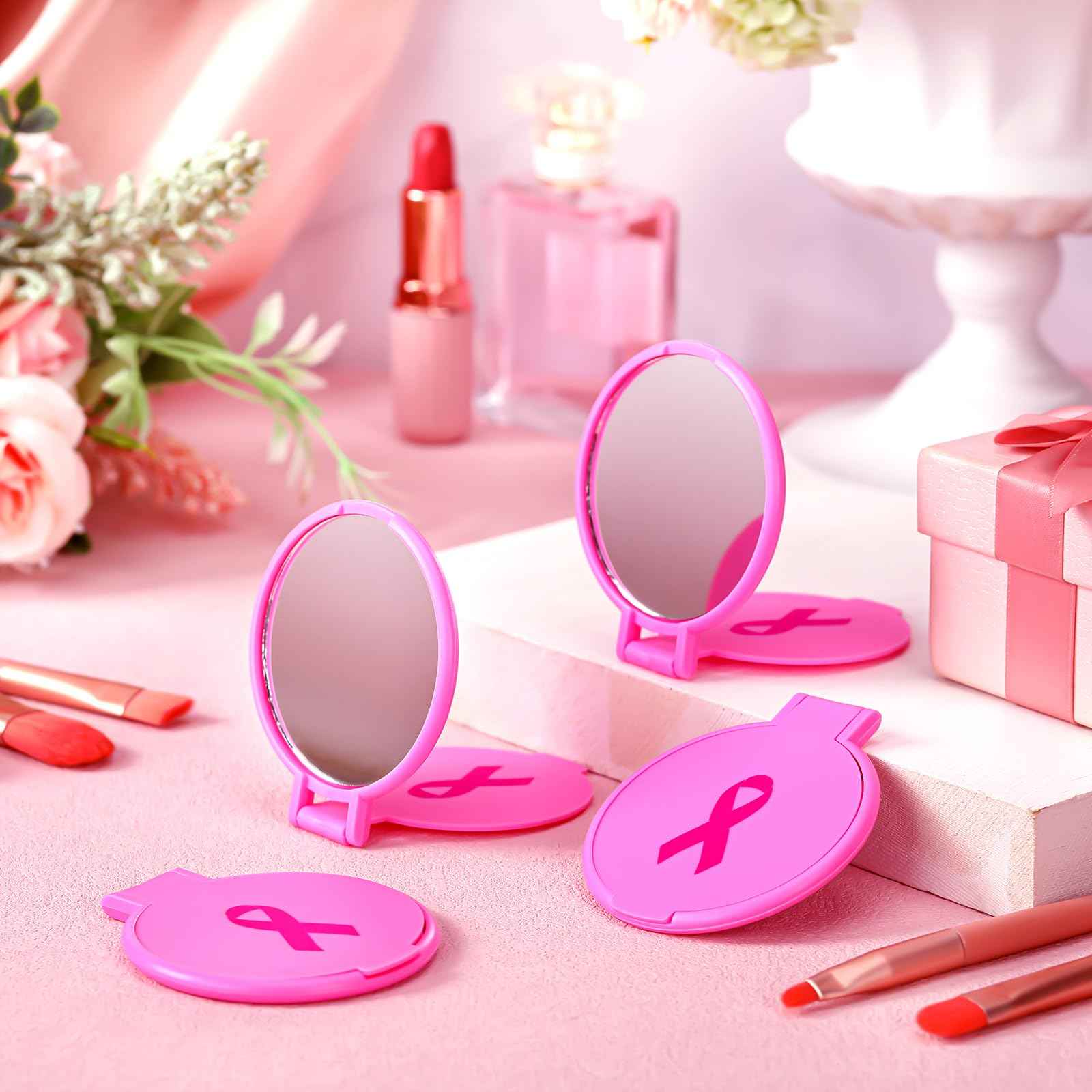 Tatuo 100 Pcs Breast Cancer Awareness Gifts for Women Mini Folding Makeup Mirror Bulk Round Pocket Portable Mirror Breast Cancer Awareness Accessories for Women Friends (Pink)