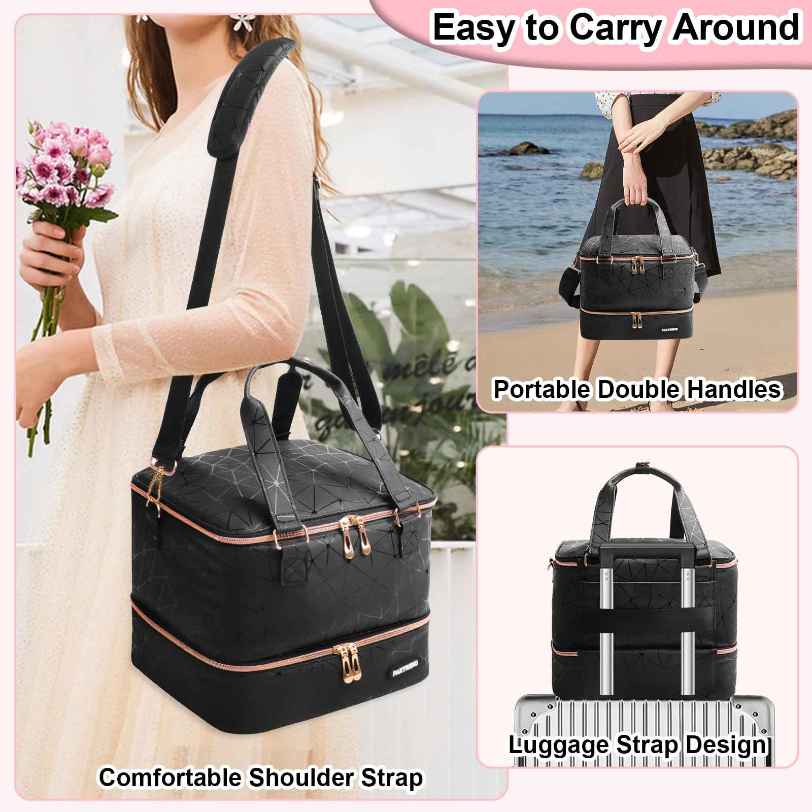 Partreko Large Nail Polish Organizer Fits 54 Bottles (15ml-0.5 fl.oz)& Nail Lamp, Double Layer Nail Supplies Organizer Bag with Holder Strip, PU Leather Nail Kit Storage Travel Case for Women (Black)