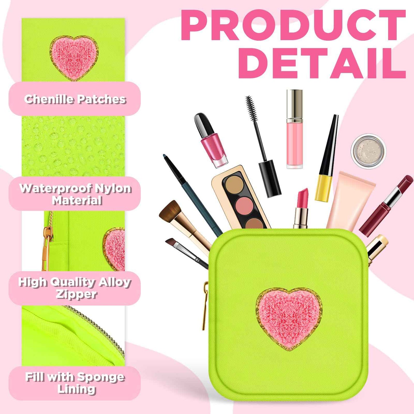 Zubebe 6 Pcs Preppy Patch Cute Makeup Bags Toiletry Bags Skincare Pouch Chenille Letter Nylon Bag for Purse Small Zipper Cosmetic Makeup Pouch Preppy Things for Travel(Fluorescent Color)