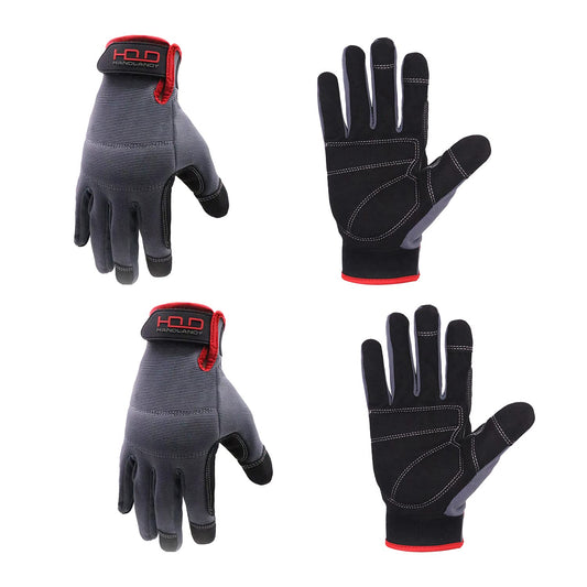 HANDLANDY 2 Pairs Mens Work Gloves Touch screen, Synthetic Leather Utility Gloves, Flexible Breathable Spandex - Padded Knuckles & Palm