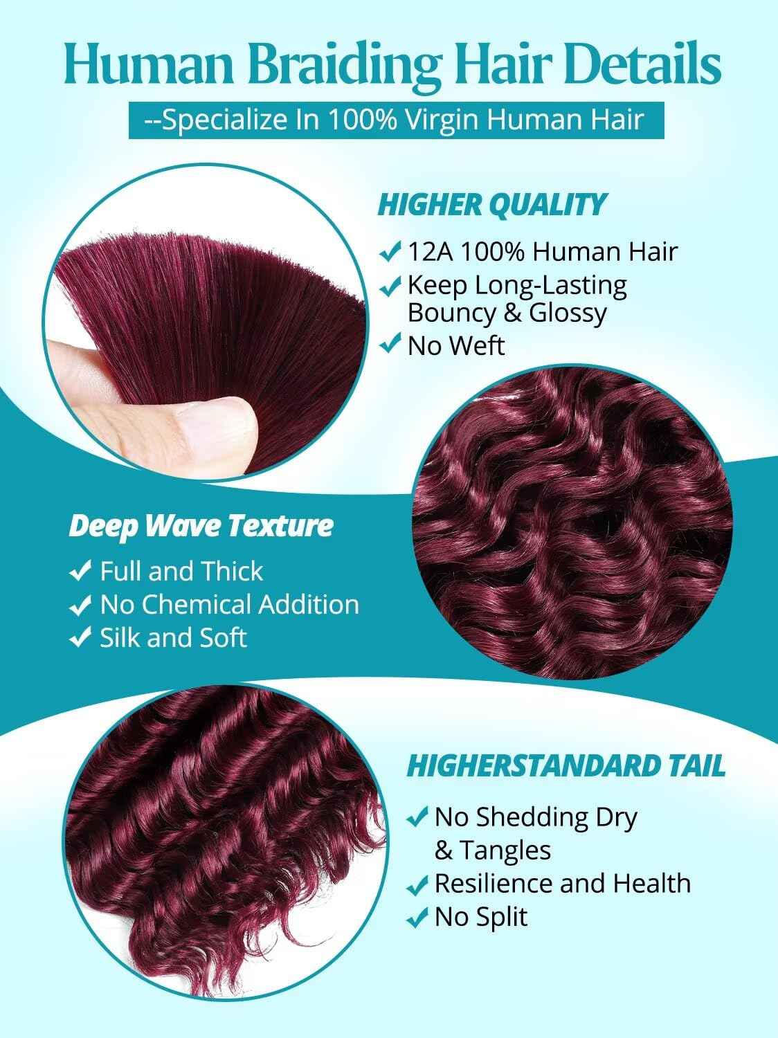 100g 3 Bundles/Pack Burgundy Human Braiding Hair for Boho Braids 14 Inch Curly Boho Hair for Braiding Knotless 12A Deep Wave Bulk Bohemian Color 99J
