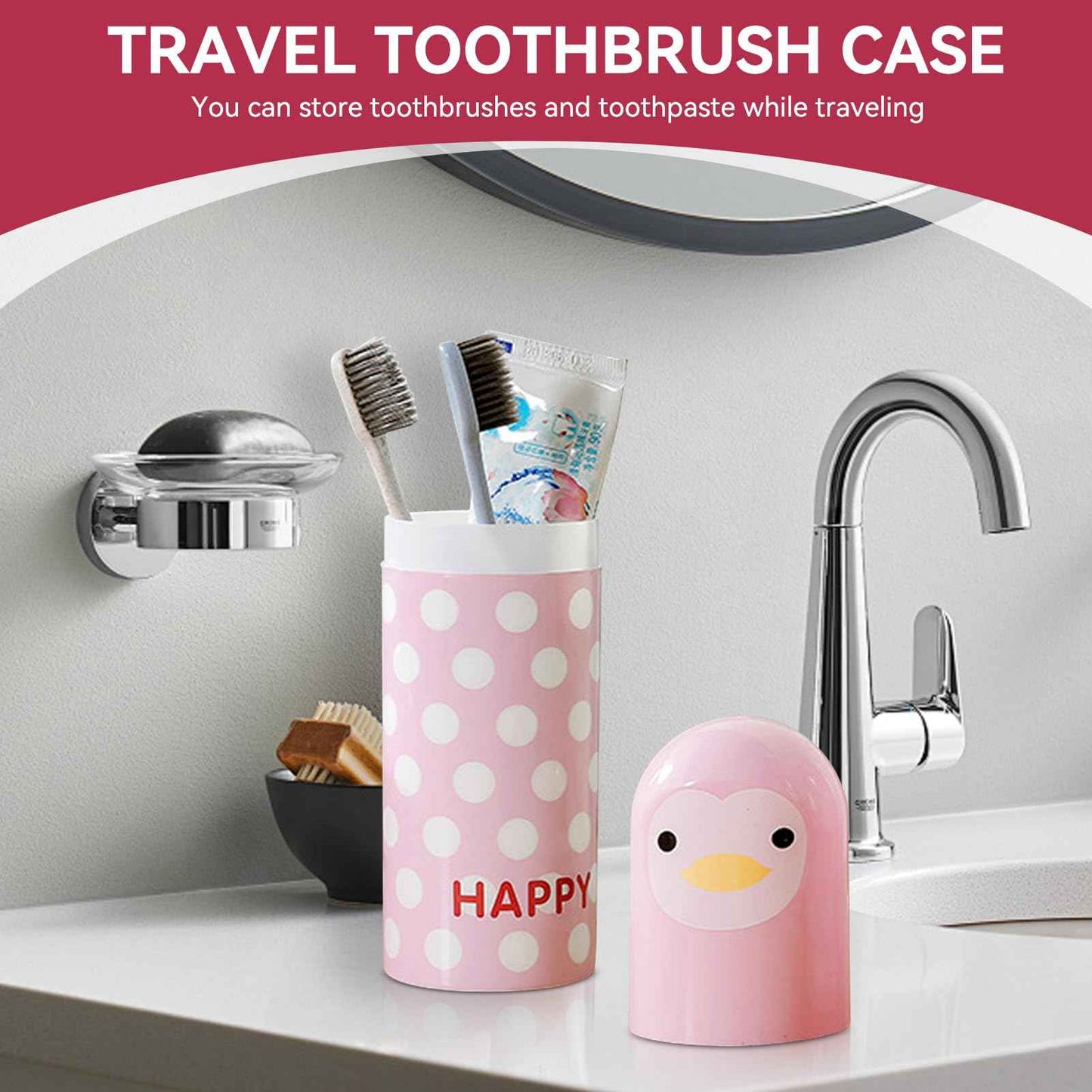 Cyrank Toothbrush Travel Case for Toothbrush, Cute Portable Toothbrush Holder Toothbrush Cup Reusable Plastic Toothbrush Holder with Cover for Traveling, Camping, Home, School, Business(Pink)
