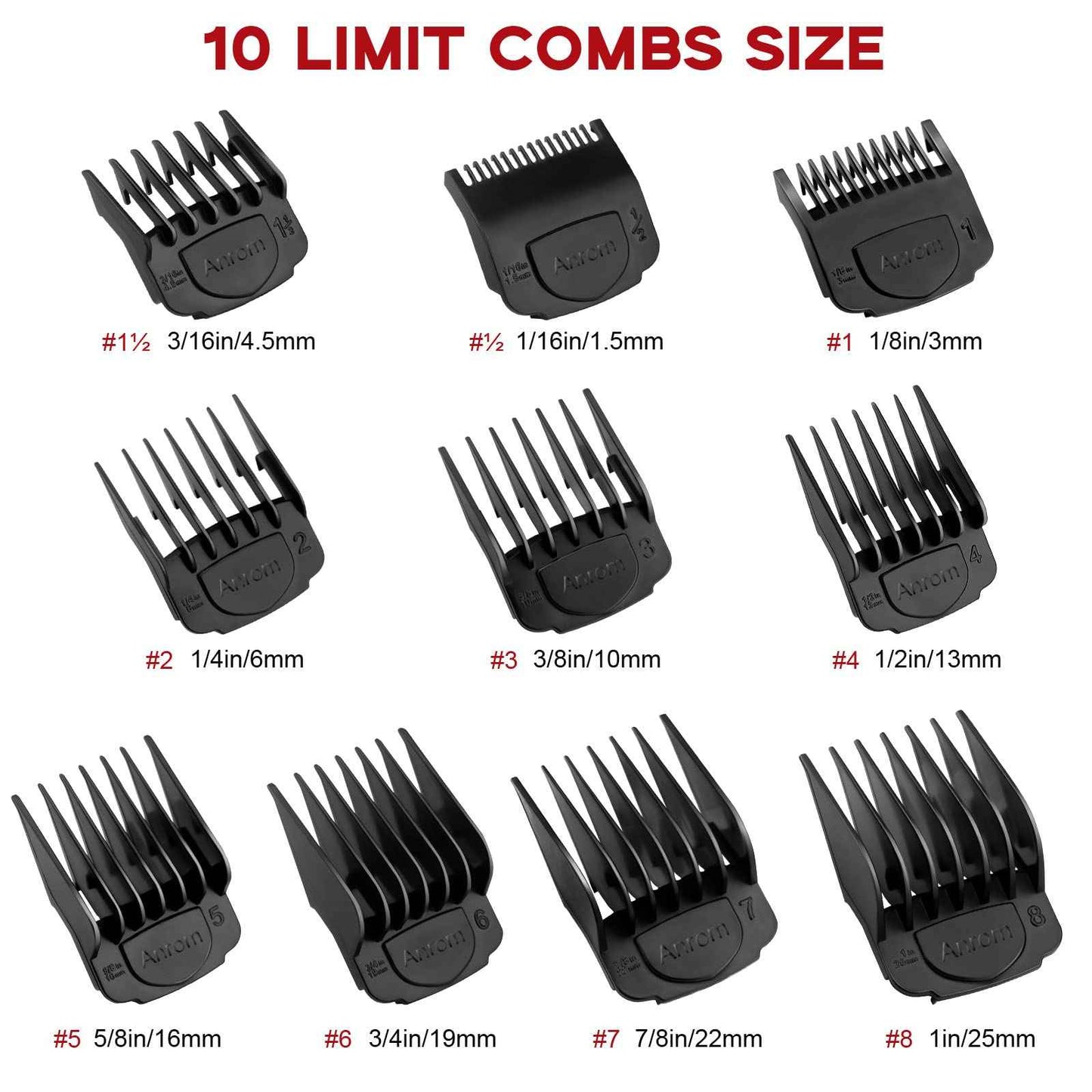 Anrom Upgrade Magnetic Clipper Guards for Wahl Clippers with Magnetic Clip Professional Hair Clipper Guards Cutting Guides - length 1/16 Inch to 1 Inch(1.5-25mm), 10 Pack