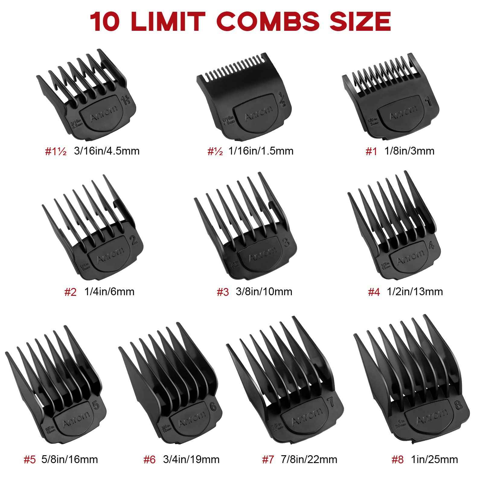 Anrom Upgrade Magnetic Clipper Guards for Wahl Clippers with Magnetic Clip Professional Hair Clipper Guards Cutting Guides - length 1/16 Inch to 1 Inch(1.5-25mm), 10 Pack