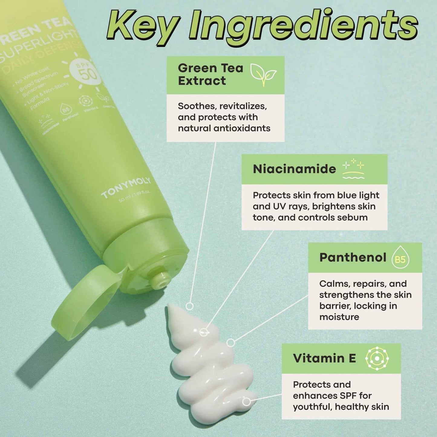 TONYMOLY Green Tea SPF 50 Sunscreen, Lightweight Korean Sunscreen for Face, Non-Greasy & No White cast + I'm Aloe Skin Calming Instant Mask Pads for dry and irritated skin, 80 sheets