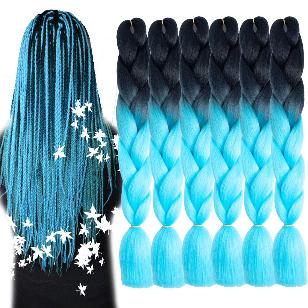 SHUOHAN 6 Packs Ombre Jumbo Braiding Hair Extensions 24 Inch High Temperature Synthetic Fiber Hair Extensions for Box Braids Braiding Hair (Black to Sky Blue)