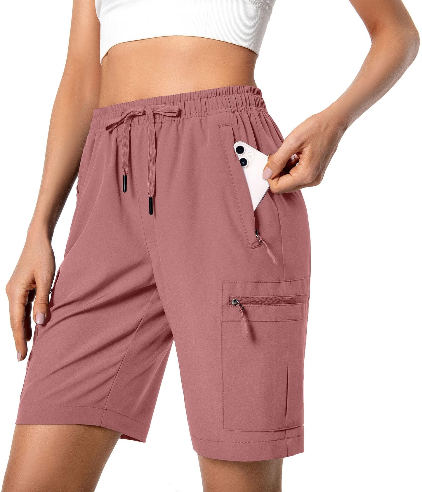 Women's Lightweight Hiking Cargo Shorts Quick Dry Athletic Shorts for Camping Travel Golf with Zipper Pockets Water Resistant Dusty Pink