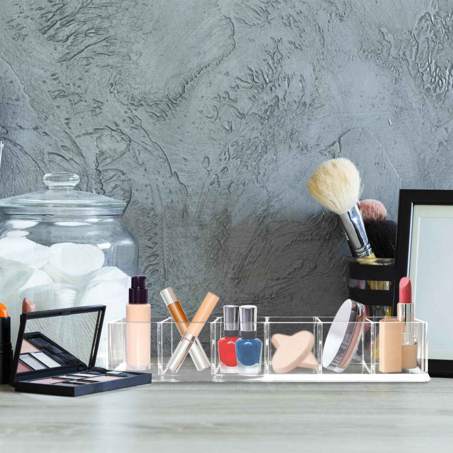 Nsmykhg Makeup Organizer Acrylic Cosmetic Storage Organizer,6 Compartments Acrylic Cosmetic Storage Jewelry Display Boxes, Clear Drawer Organizers Case,4 Pack (10 x 3.5 x 1.9 inches)