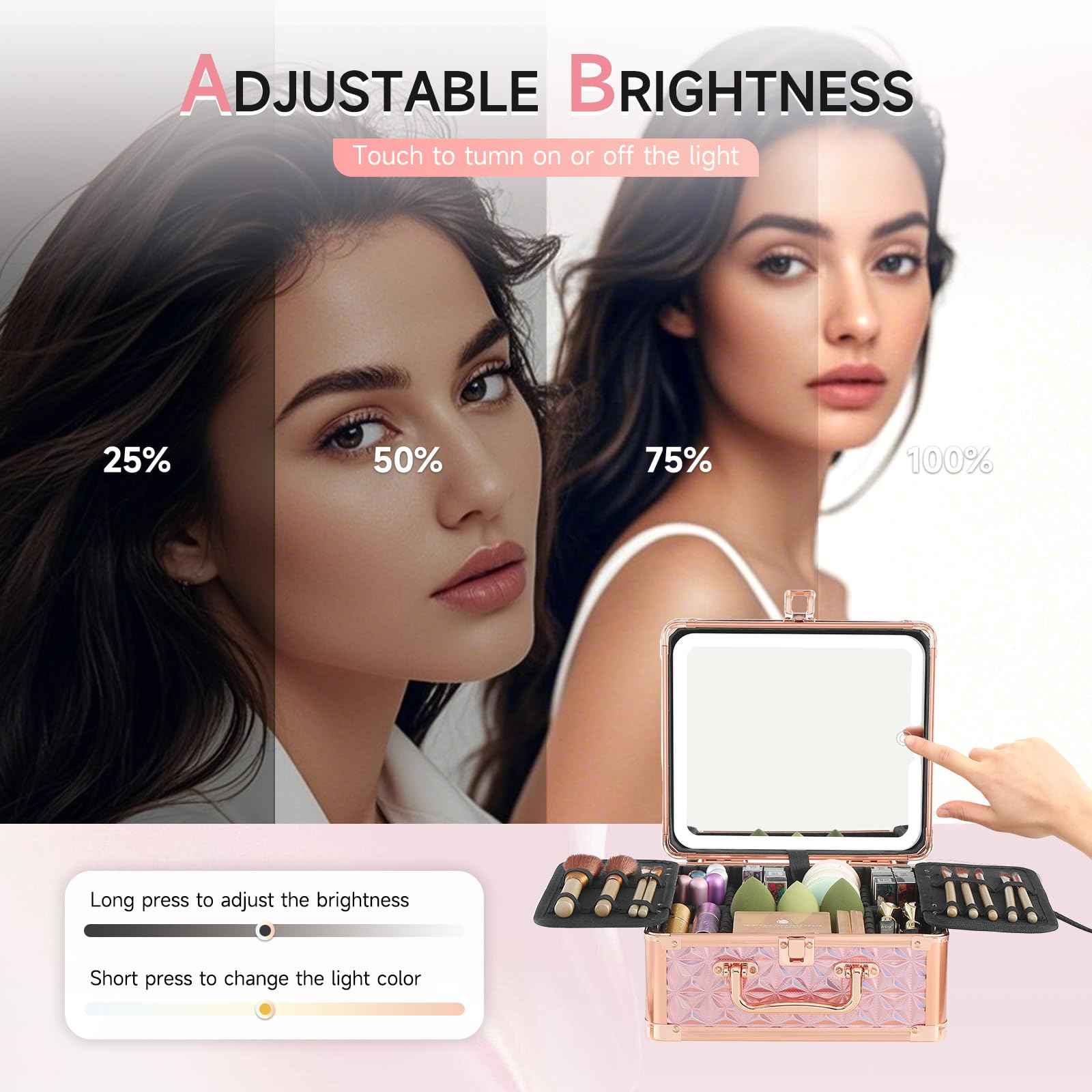 Leeora&Leekoo Makeup Box with Lighted Mirror,Portable Makeup Train Case Organizer (Pink)