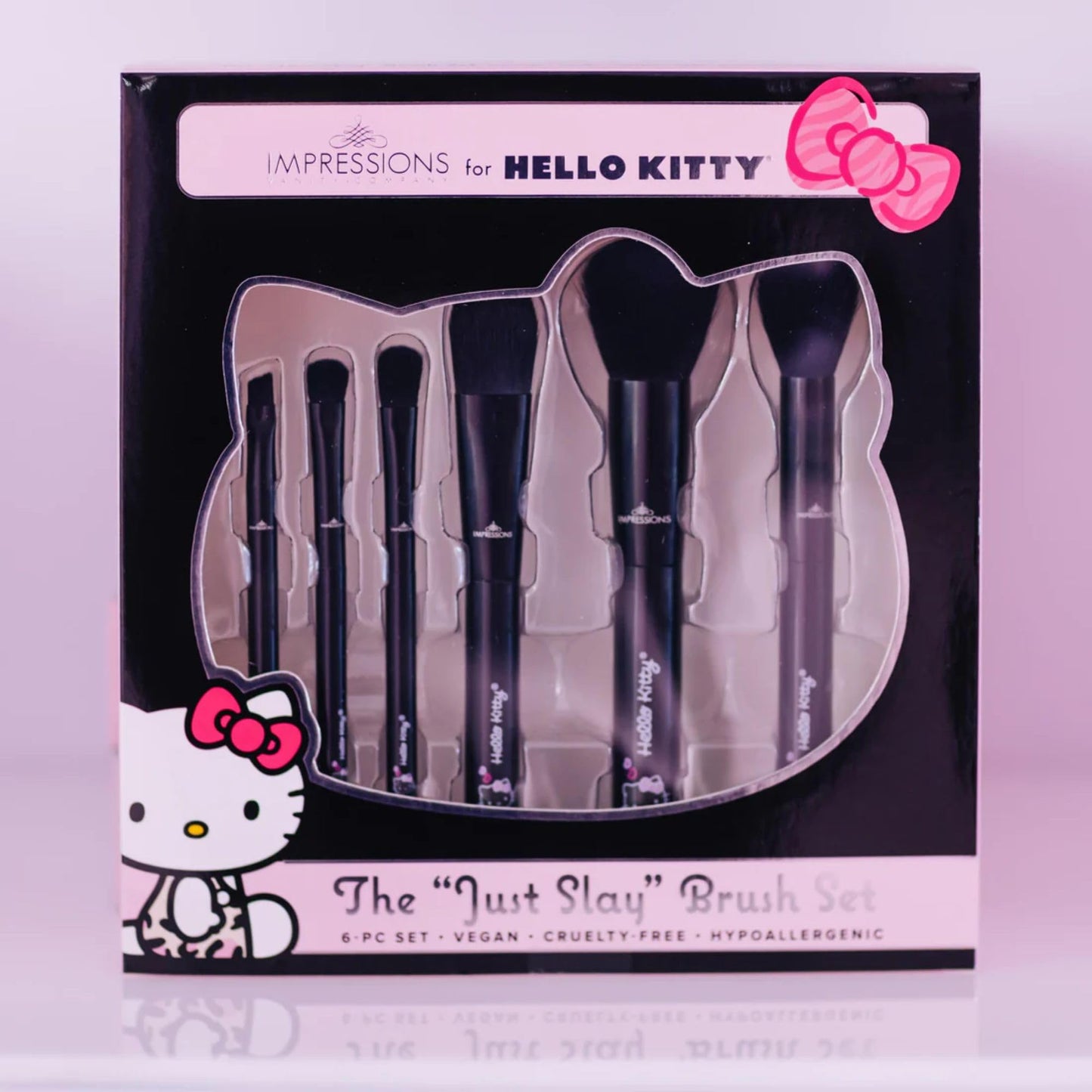 Impressions Vanity 6 PCs Hello Kitty Just Slay Makeup Brush Set, Super Cute Soft Brushes for Foundation, Face Powder, Make up Blending, Eye Shadow, and Liner Application (Black)