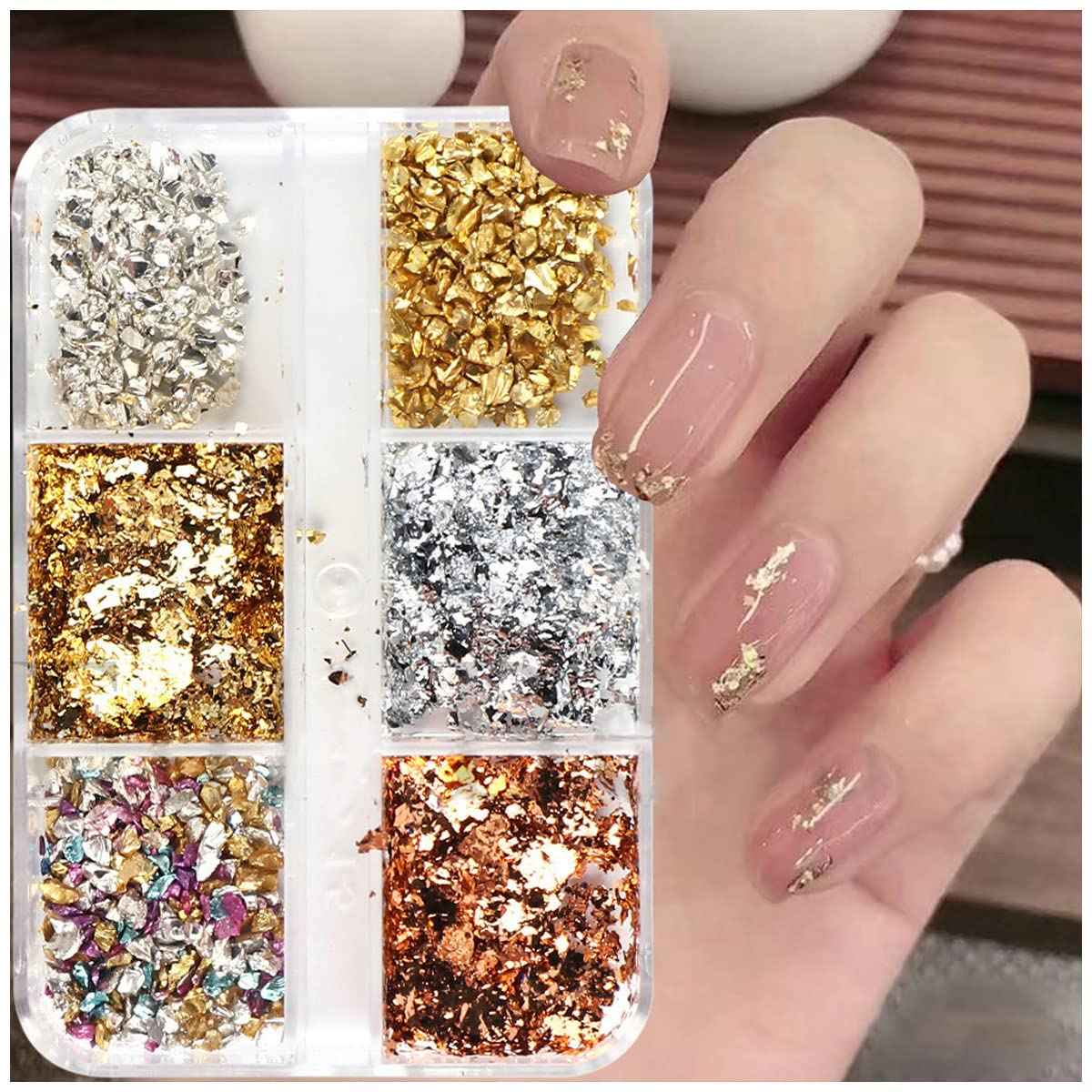 6 Grids Metallic Nail Art Foil Flakes, Gold Nail Glitter, Holographic Sequins, 3D Sparkly Aluminum Foil, Silver Nail Supplies for Women Girls