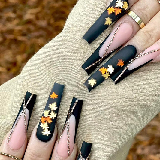 24Pcs Fall Press on Nails Long Coffin with Black French Maple Leaf Design Maple Leaves Fake Nails Press on Full Cover Stick on Nails Autumn Thanksgiving Manicure Tips for Women Girls