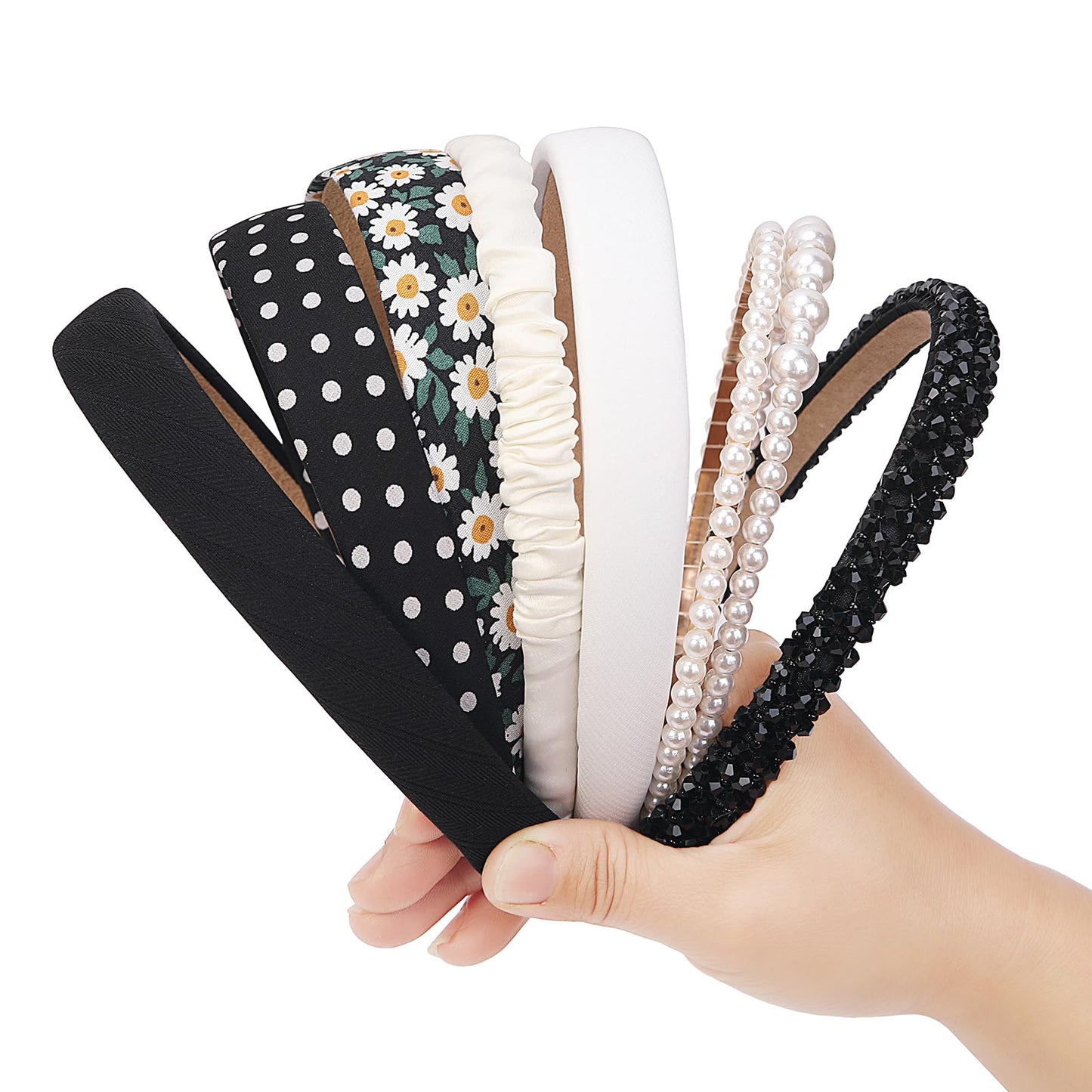 Tomolucky Direct Hairband, 8PK Black Headbands for Women - Includes 8 of Floral, Pearl, and Crystal Rhinestone Headbands - Perfect for Hair Styling and Securing Hair - Great Gift for Women and Girls