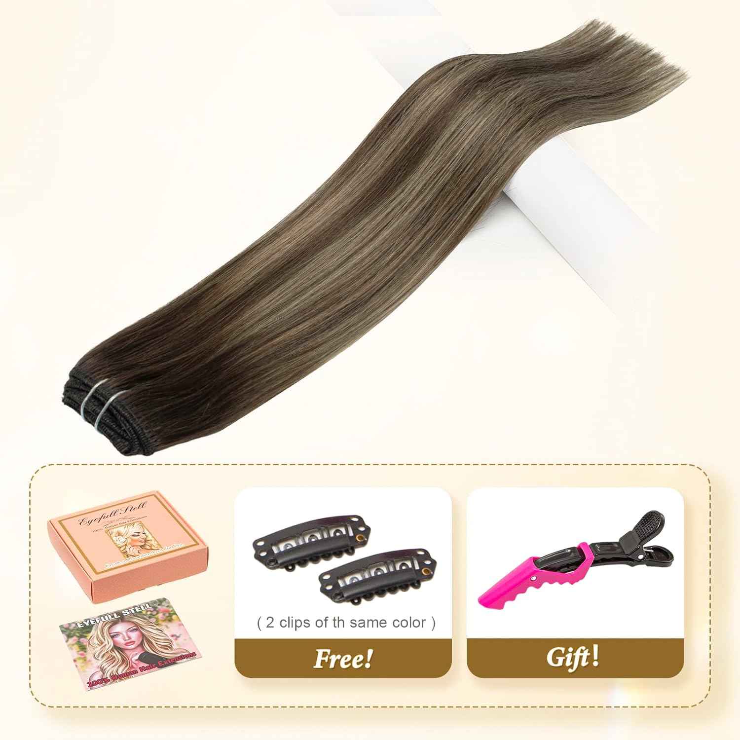 Balayage Clip in Real Human Hair Extensions Ombre Chocolate Brown to Caramel Blonde Natural Silky Straight Clip on Hair Extensions Double Weft Remy Brazilian Clip ins Hair 14 Inch 60G 5 PCS