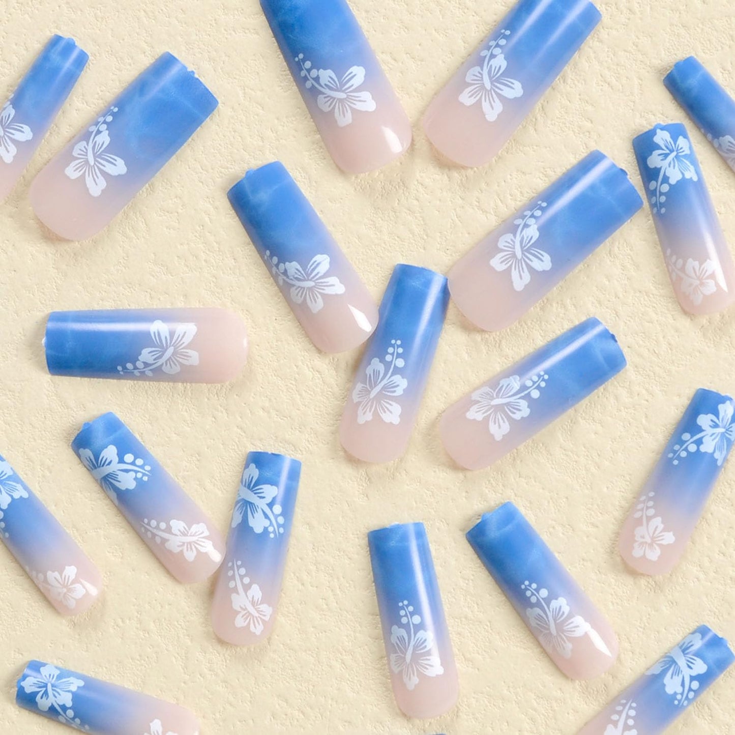 Press on Nails Long Fake Nails with White Flowers Designs Square Full Cover Nails Press ons Blue Ombre Acrylic Nails Extra Long Artificial Ocean Spray Stick on Nails for Women 24 Pcs