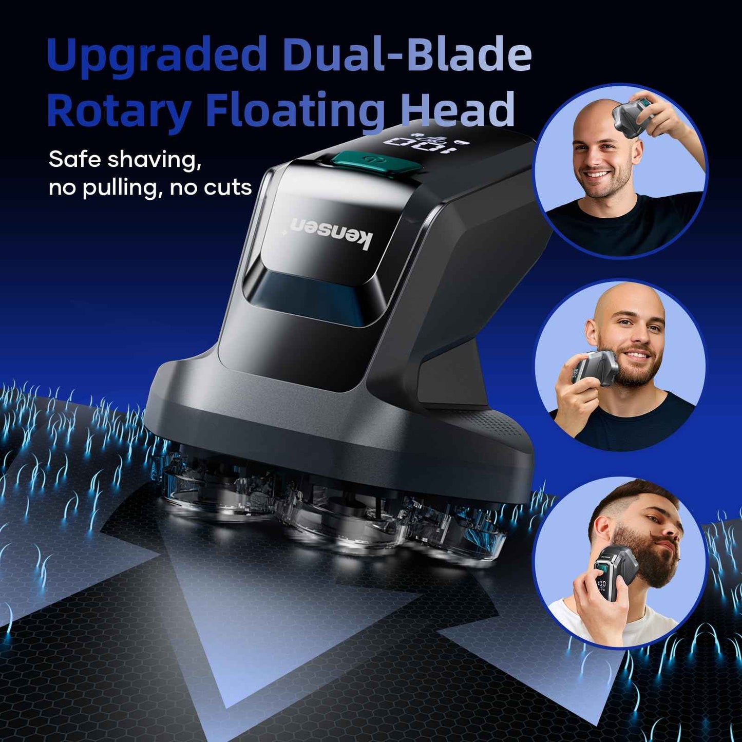 7D Head Shavers for Bald Men - kensen Dual Speed Electric Head Hair Shaver, Long Battery Life Electric Razor IPX6 Waterproof Wet/Dry Shaving LED Display Rechargeable Bald Head Shavers for Men