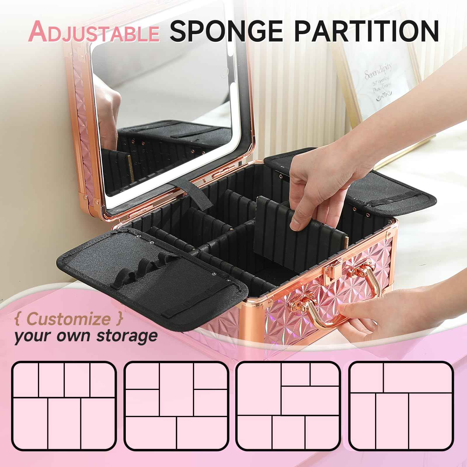 Leeora&Leekoo Makeup Box with Lighted Mirror,Portable Makeup Train Case Organizer (Pink)