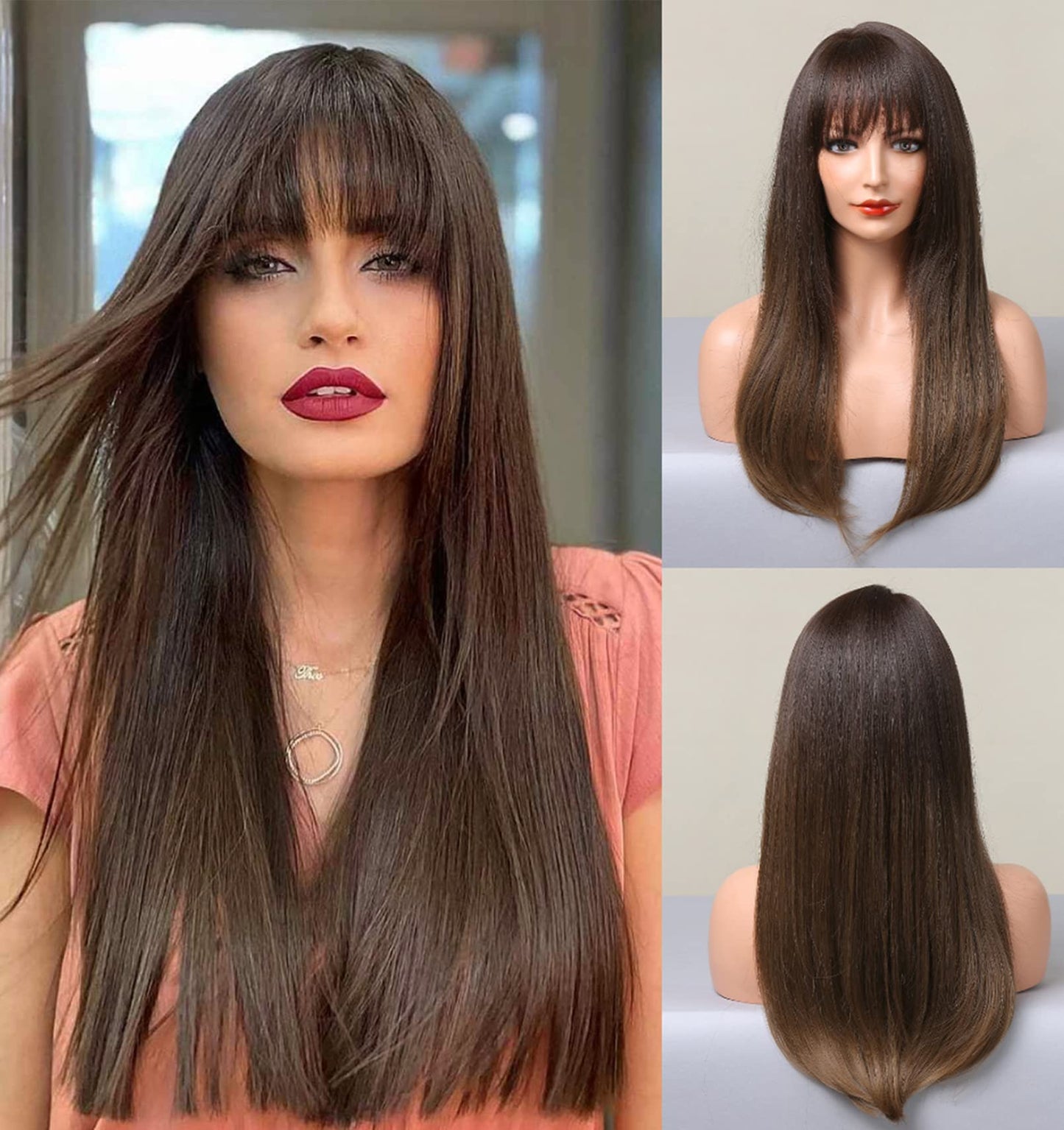 LANOVA Dark to Brown Wigs with Bangs,Ombre Brown Straight Wig for Woman Natural Looking Glueless Synthetic Cosplay Wig 20 inch LANOVA-237