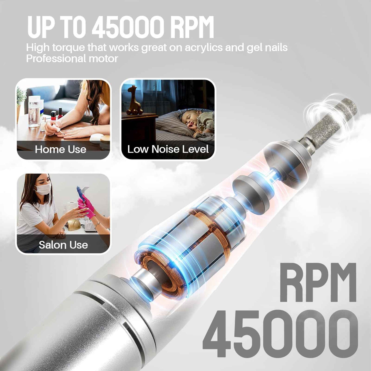 Droyek Electric Nail Drill Portable Nail Drill Professional 45000 RPM 6 Salon Quality Drill bits 6 Sanding Bands Portable & Low Noise for Acrylic Nails Gel Polishing Removing Bits Kit for Home Use