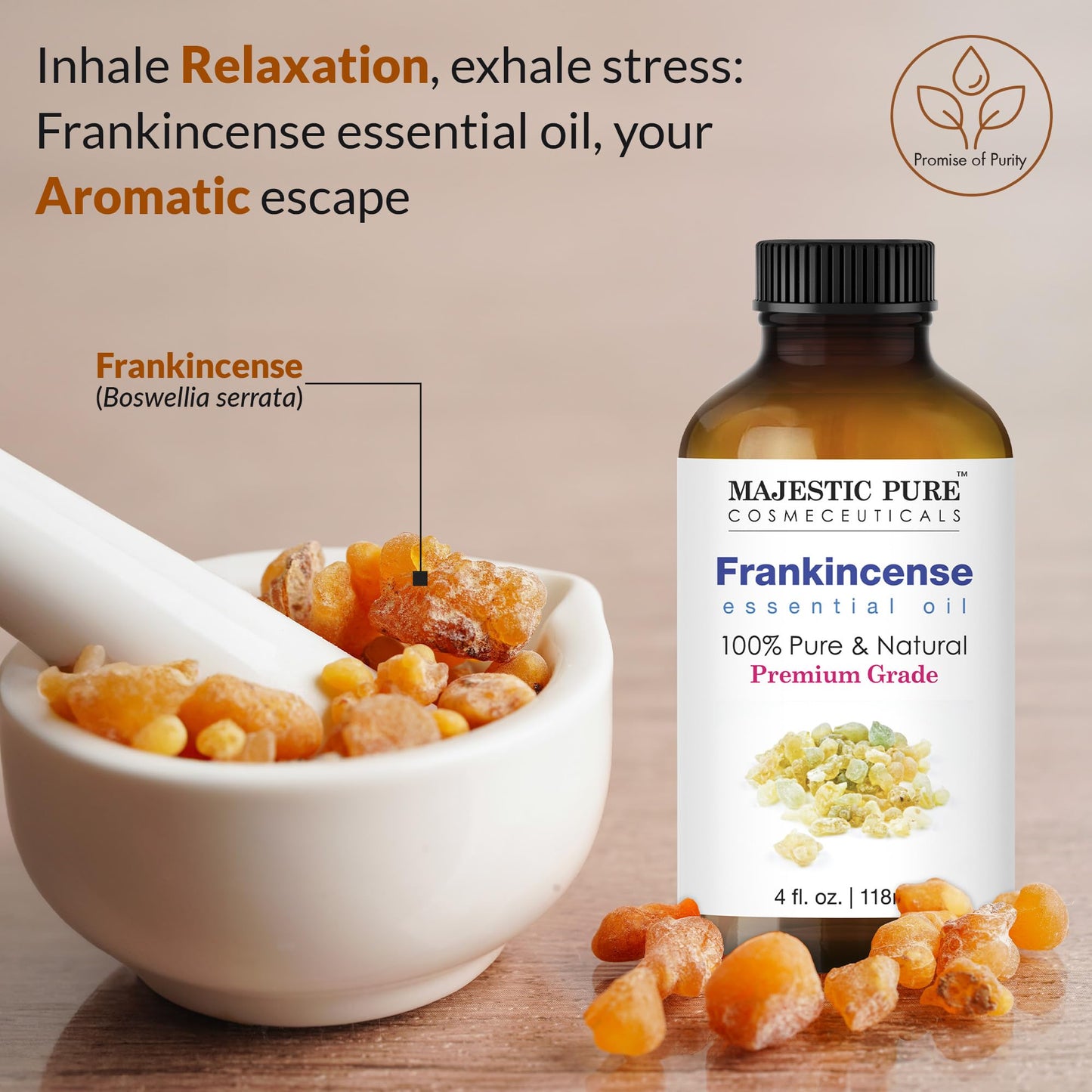 MAJESTIC PURE Frankincense Essential Oil | 100% Pure and Natural Frankincense Oil | Premium Grade Essential Oils for Hair Care, Home Diffusers, Skin, Aromatherapy, Massage and Humidifiers | 4 Fl Oz