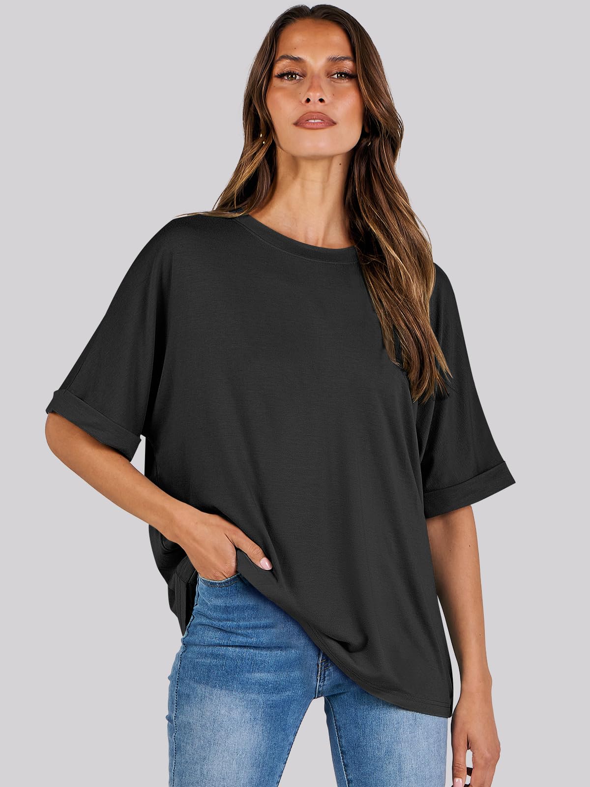 ANRABESS Women's Oversized T Shirts Short Sleeve Crewneck Summer Tops Casual Loose Basic Tee Shirts 2024 Trendy Clothes Black Small