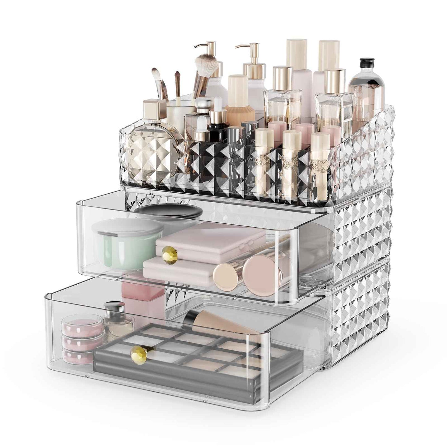 Rosoenvi Makeup Organizer for Vanity, Stackable Cosmetics Organizer and Storage, Cosmetic Display Cases with 2 Drawers and 1 Tray for Makeup Brush, Hair Accessories, Lipstick and Jewelry, Clear