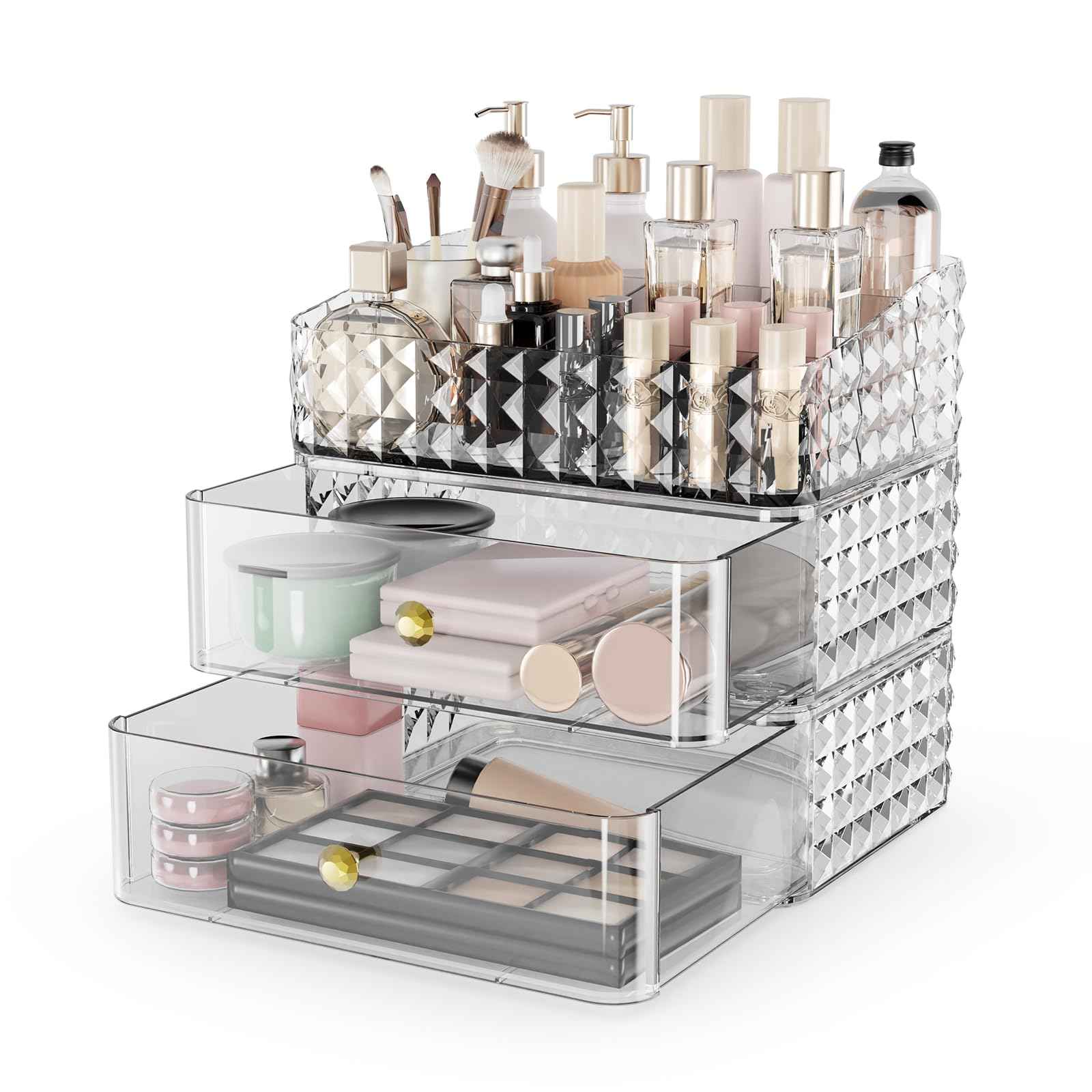 Rosoenvi Makeup Organizer for Vanity, Stackable Cosmetics Organizer and Storage, Cosmetic Display Cases with 2 Drawers and 1 Tray for Makeup Brush, Hair Accessories, Lipstick and Jewelry, Clear
