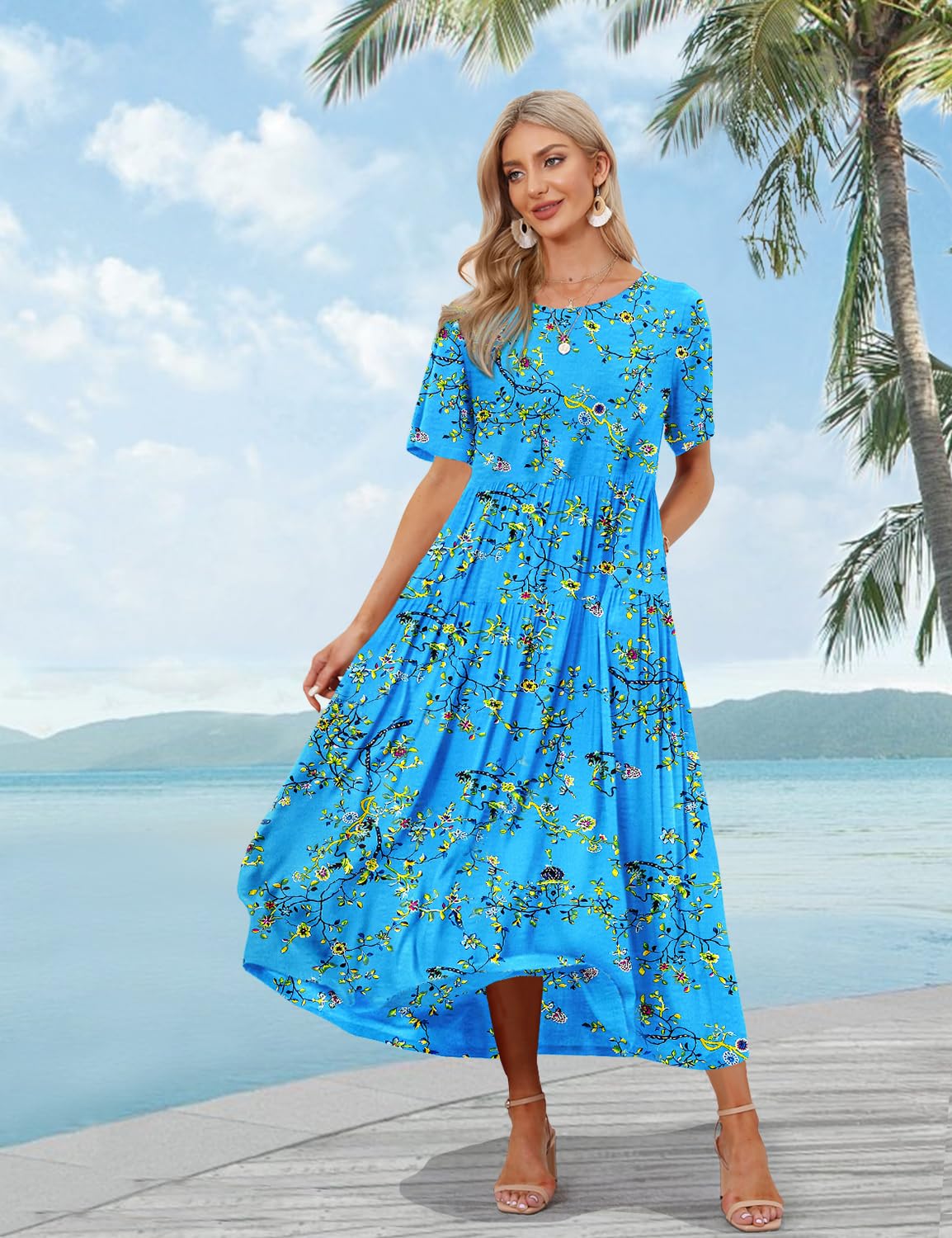 YESNO Women Casual Loose Bohemian Floral Dress with Pockets Short Sleeve Long Maxi Summer Beach Swing Dress S EJF CR44 Blue/Yellow