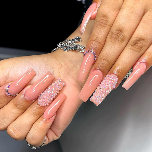 Summer Long Coffin Press on Nails Pink Fake Nails with Glitter 3D Rhinestones Designs Glue on Nails Full Cover Acrylic Nails Ballerina for Women and Girls 24 PCS Art Manicure Decorations