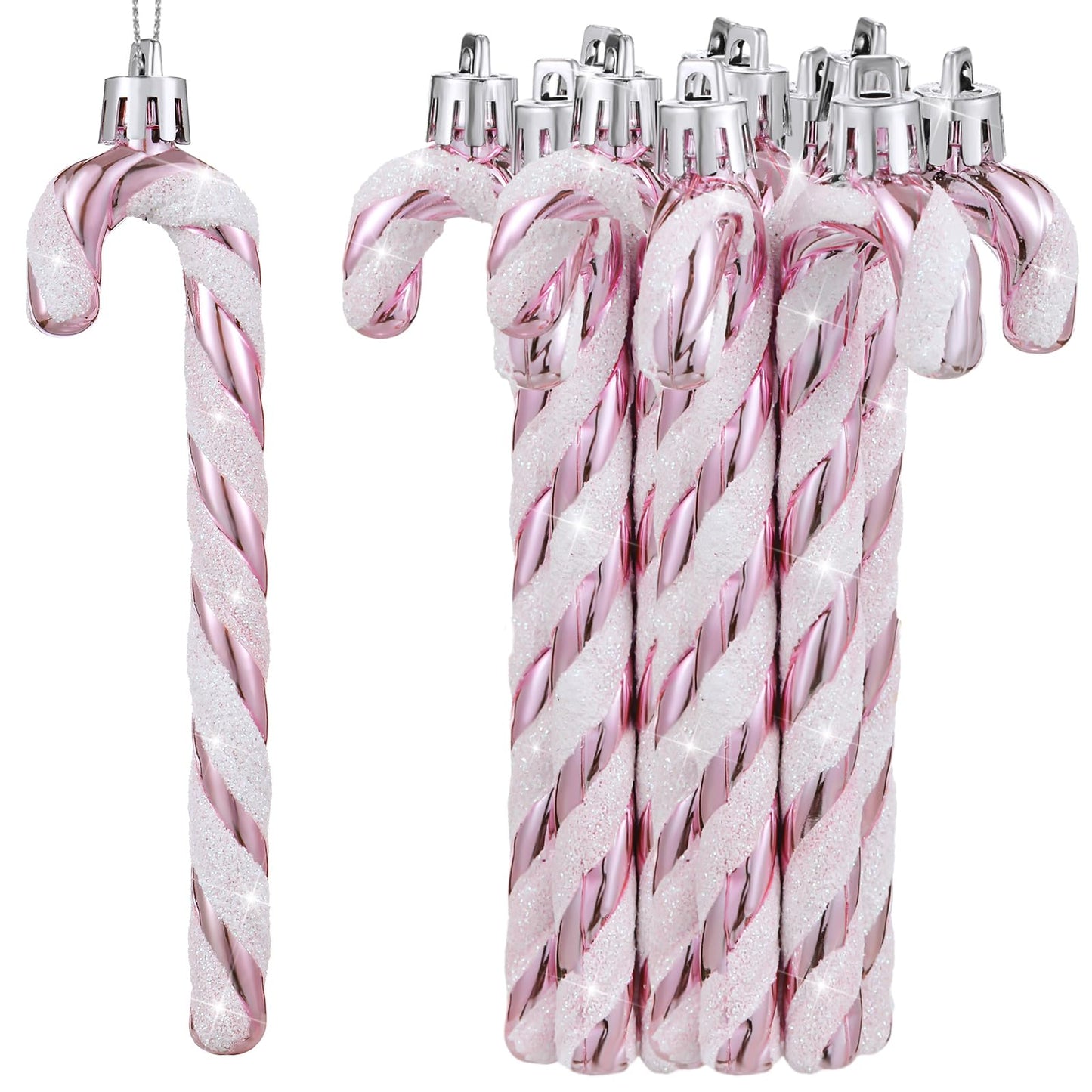 36 Pack Christmas Candy Canes Ornaments Plastic Glitter Candy Cane Christmas Tree Hanging Decorations for Holiday Party Favors (Pink and White)