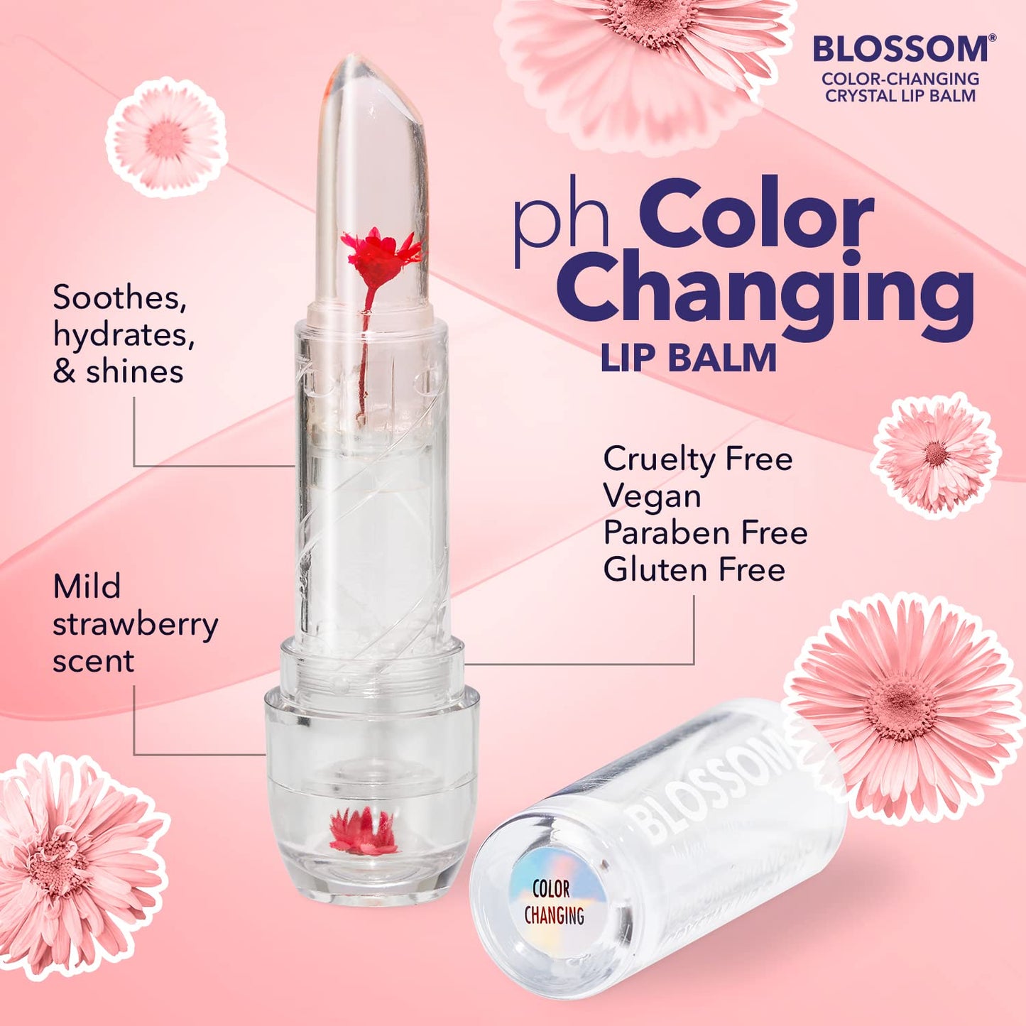 Blossom Moisturizing Custom Color Changing Crystal Lip Balm, Strawberry Scented, Lip Stain Tint, Infused with Real Flowers, 3g, Red