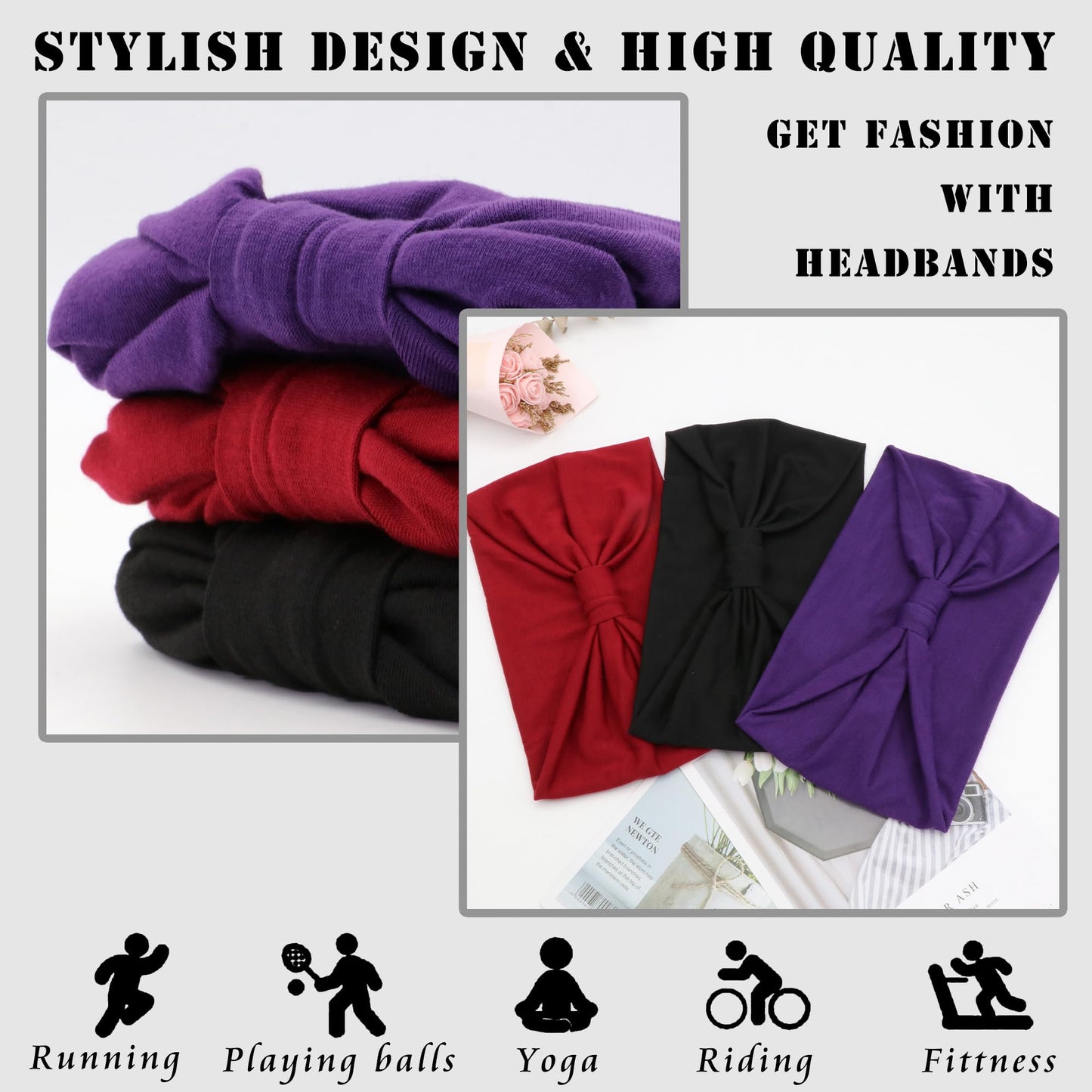 FULZTEY Wide Headbands for Women Solid Knotted Headwraps Turbans Fashion Boho Hairbands Soft Cloth Bandanas Large Neutral Style Workout Yoga Head Bands for Women's Hair Accessories 3Pcs