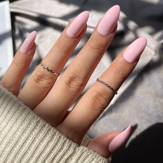 YOSOMK Light Pink Press on Nails Almond Shaped Fake Nails Medium Glossy Stick on Nails Pure Color Glue on Nails Acrylic Full Cover False Nails for Women