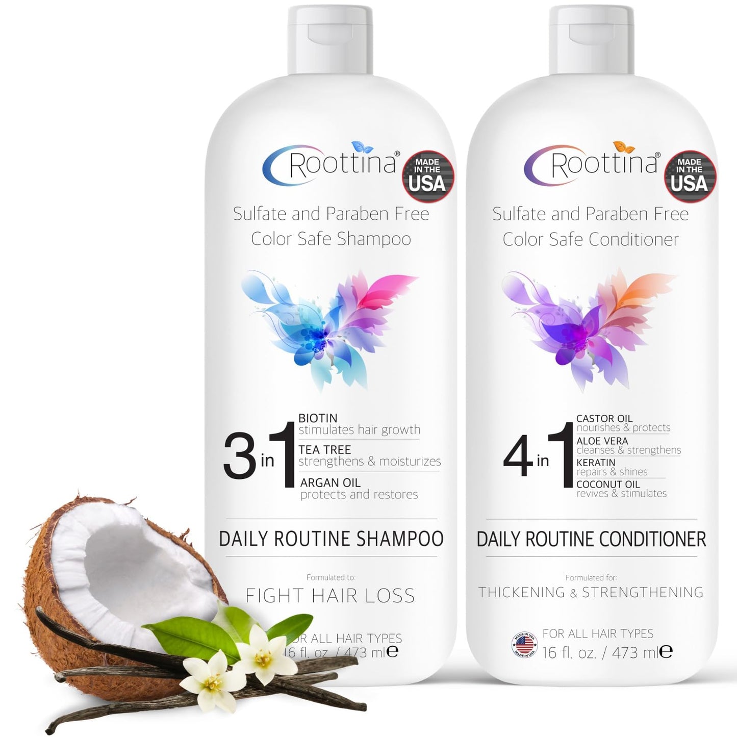 Fights Hair Loss, Roottina Daily Routine Shampoo and Conditioner for Women Hair Loss, Strengthens and Fortifies, Hair Thickening Shampoo and Conditioner Set, Coconut and Vanilla Scent (16 fl oz x 2)