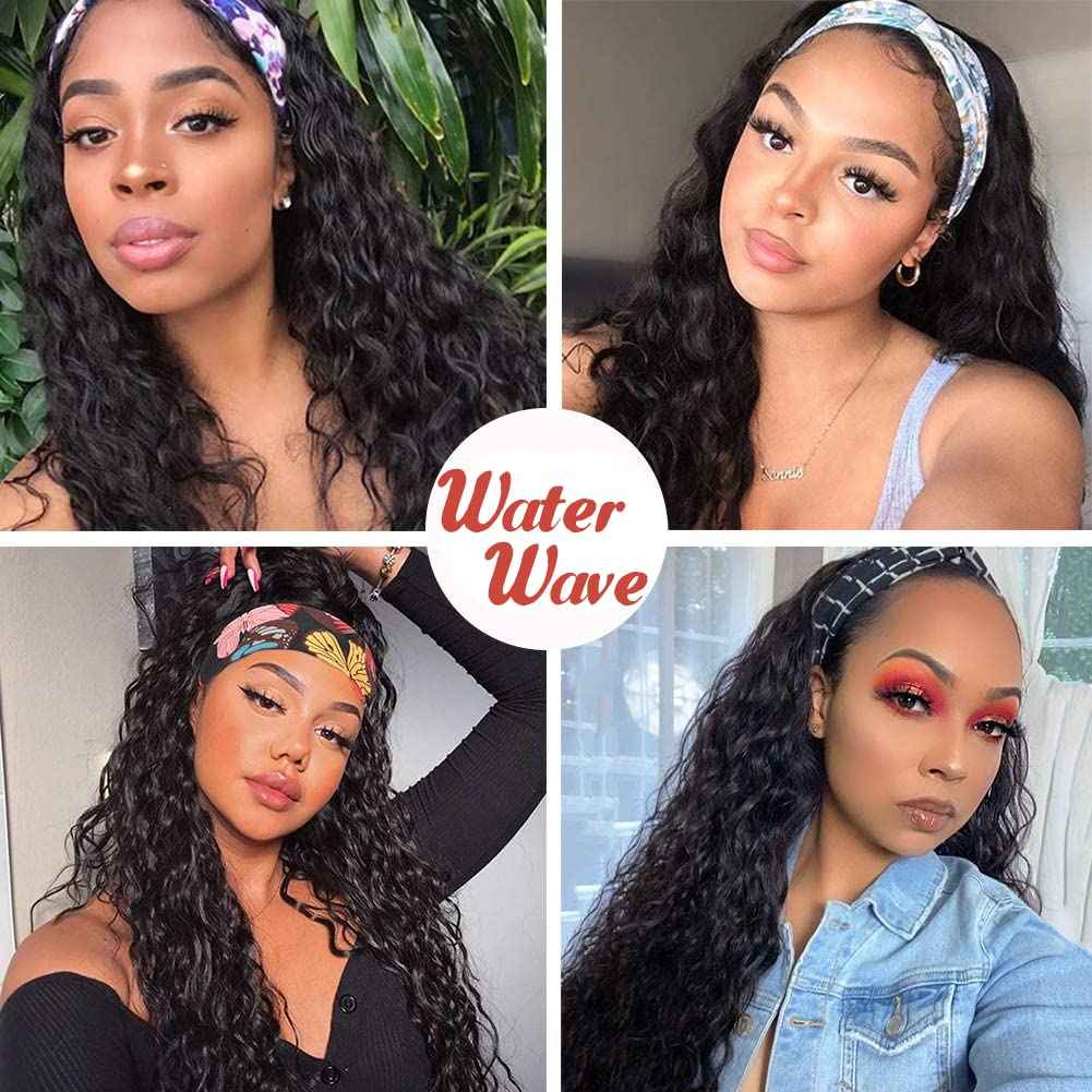 Claudianie Water Wave Headband Wig Human Hair for Black Women 12 Inch Wet and Wave Headband Wig Brazilian Virgin Hair Glueless None Lace Front Water Wave Wigs Human Hair Natural Black 150% Density