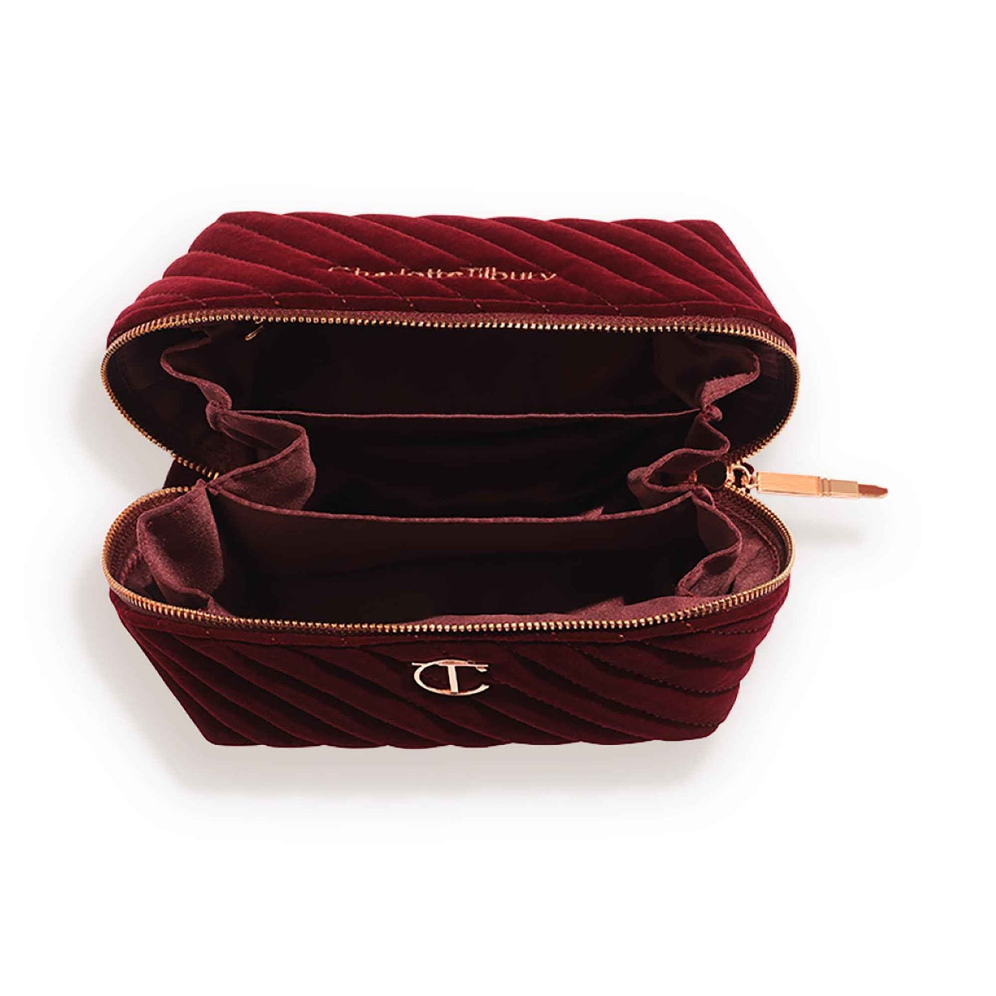 Charlotte Tilbury Medium Travel Makeup Bag of My Dreams - Quilted Velvet Skincare, Fragrance & Cosmetic Organizer with 3 Compartments & Zip Pocket - Iconic Night Crimson Toiletry Bag