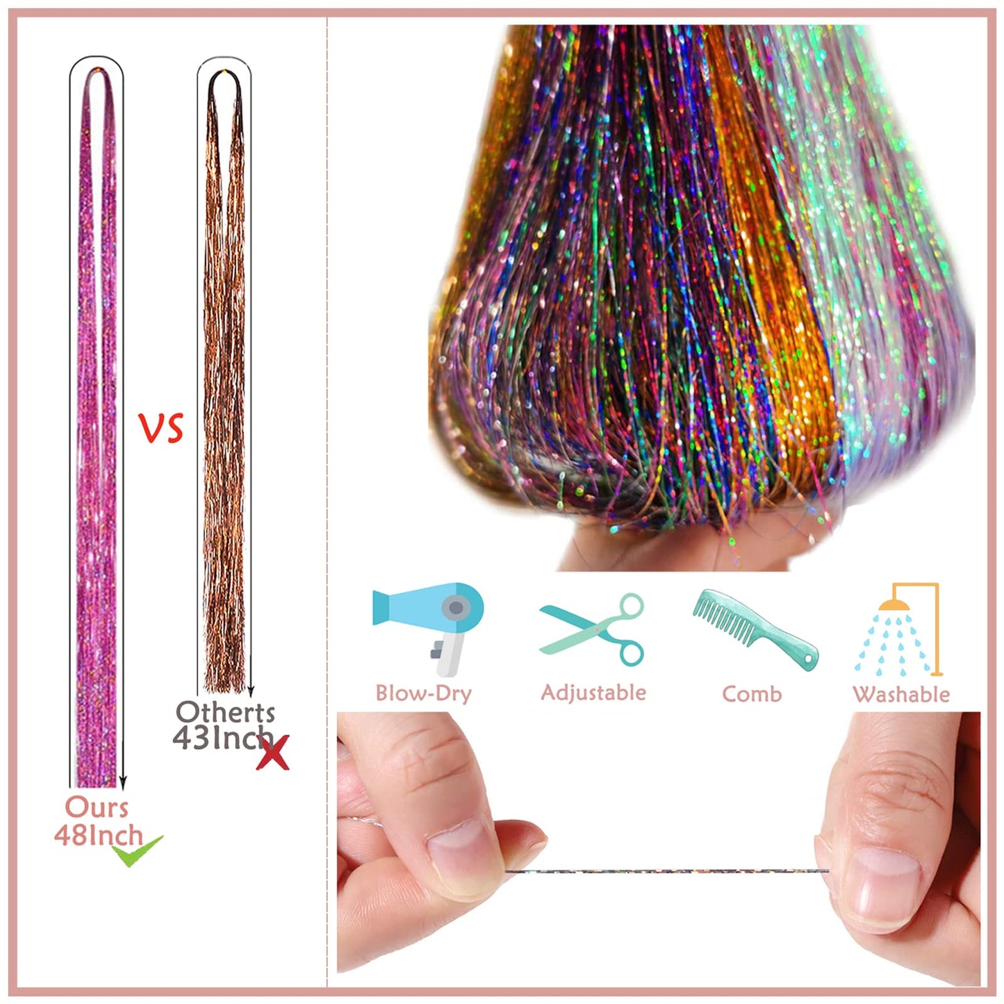 48 Inch Glitter Hair Tinsel Extensions Kit (16 Colors, 4800 Strands) With Tools - Heat Resistant Fairy Hair Accessories for Women, Girls, Kids