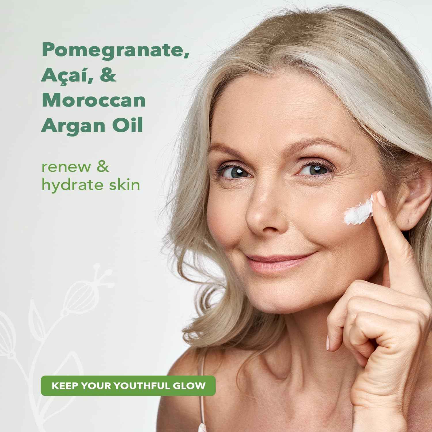 Nourish Organic Face Cream, Pomegranate Acai + Argan – Ultra Hydrating Formula with Aloe Vera & Green Tea Extract, 1.7 Oz + Washable Cotton Round