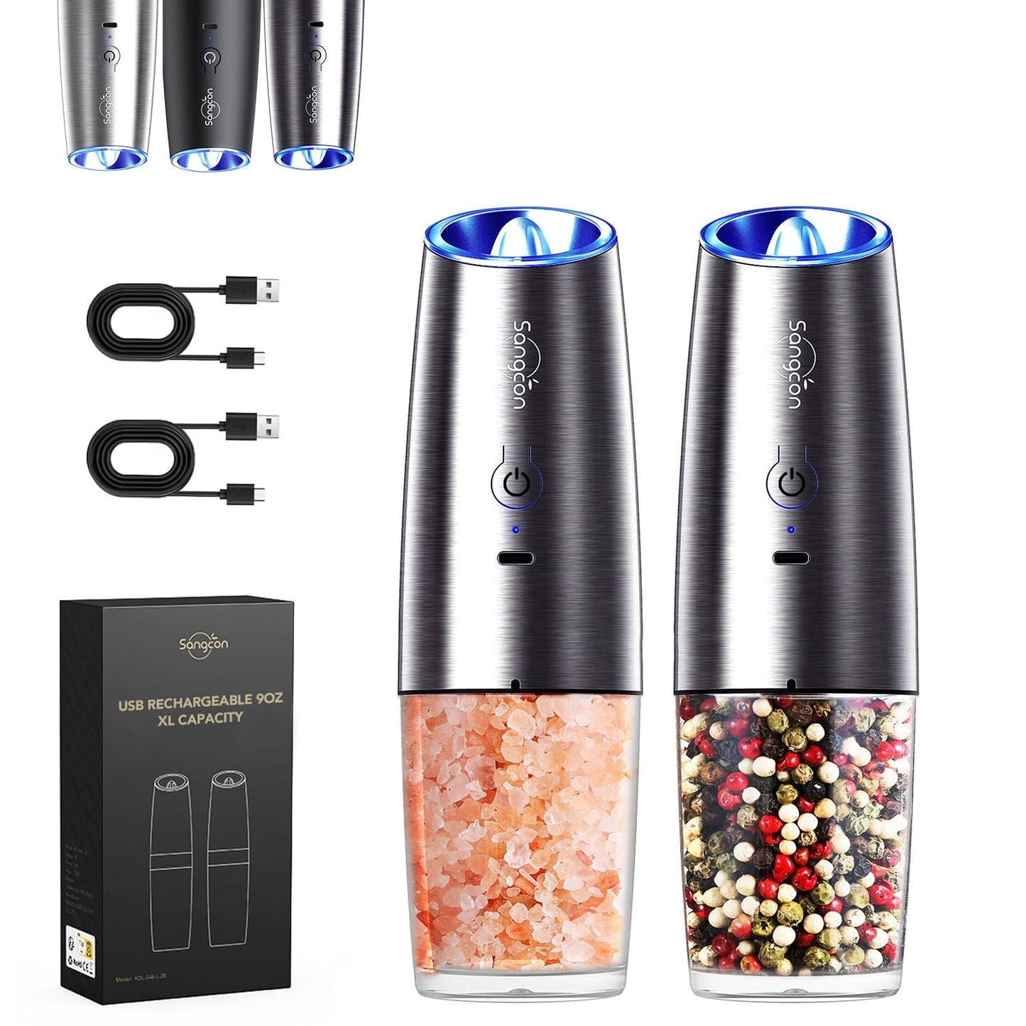 Sangcon Gravity Electric Salt and Pepper Grinder Set RECHARGEABLE Automatic Salt Pepper Shakers USB-C No Battery Needed - LED Light One Hand Operation, Adjustable Coarseness Pepper Mill Set