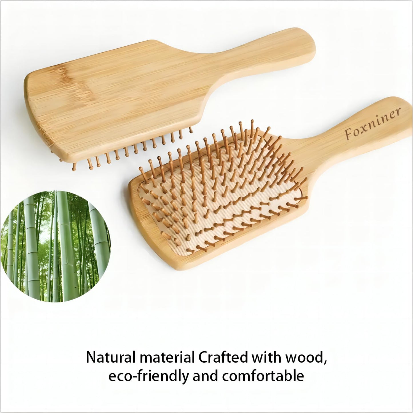 Foxniner Bamboo brush,bamboo hair brush,wooden hair brush,Eco Friendly Paddle Hairbrush for Women Men and Kids Make Thin Long Curly Hair Health and Massage Scalp· (Large Bamboo Square Comb)