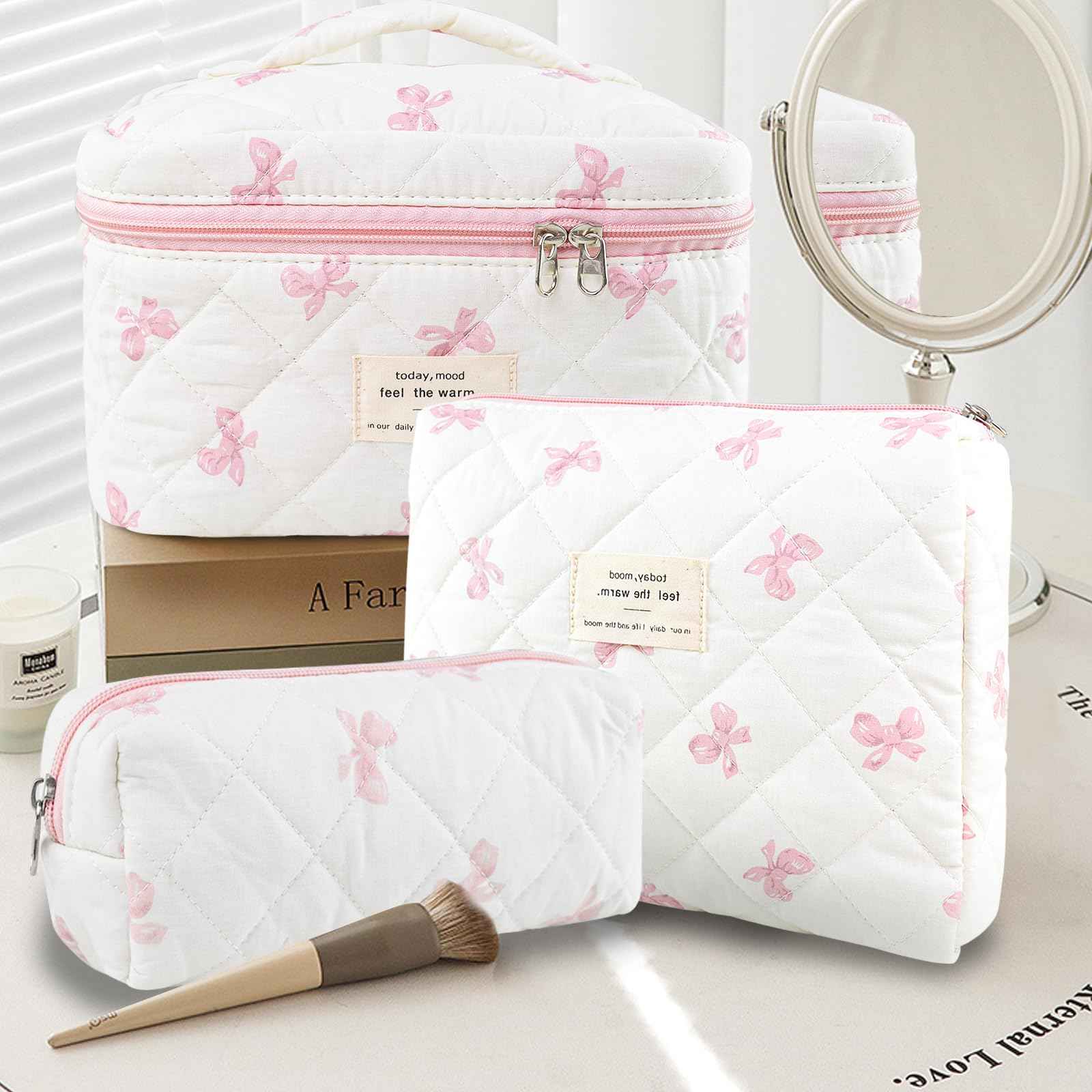 GISMTR 3Pcs Makeup Bag Cotton Quilted Travel Cosmetic Bag Cute Floral Makeup Pouch Large Toiletry Bag for Women Girls (Bow-Pink)