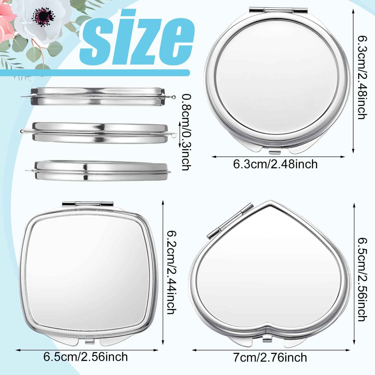 Jetec 18 Pcs Sublimation Blanks Products Small Compact Mirror Bulk Heat Transfer Folding Pocket Makeup Mirror Heart Round Square Double Sided Handheld Sublimation Mirror for Women Gift Purse Travel