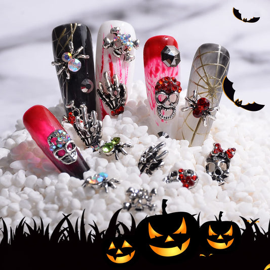 Katfan 30 Pcs 3D Halloween Nail Art Charms Vintage Skeleton Hand Alloy Nail Art Jewelry Decoration Skull Spider Ghost with Rhinestones for DIY Nail Manicure Crafts