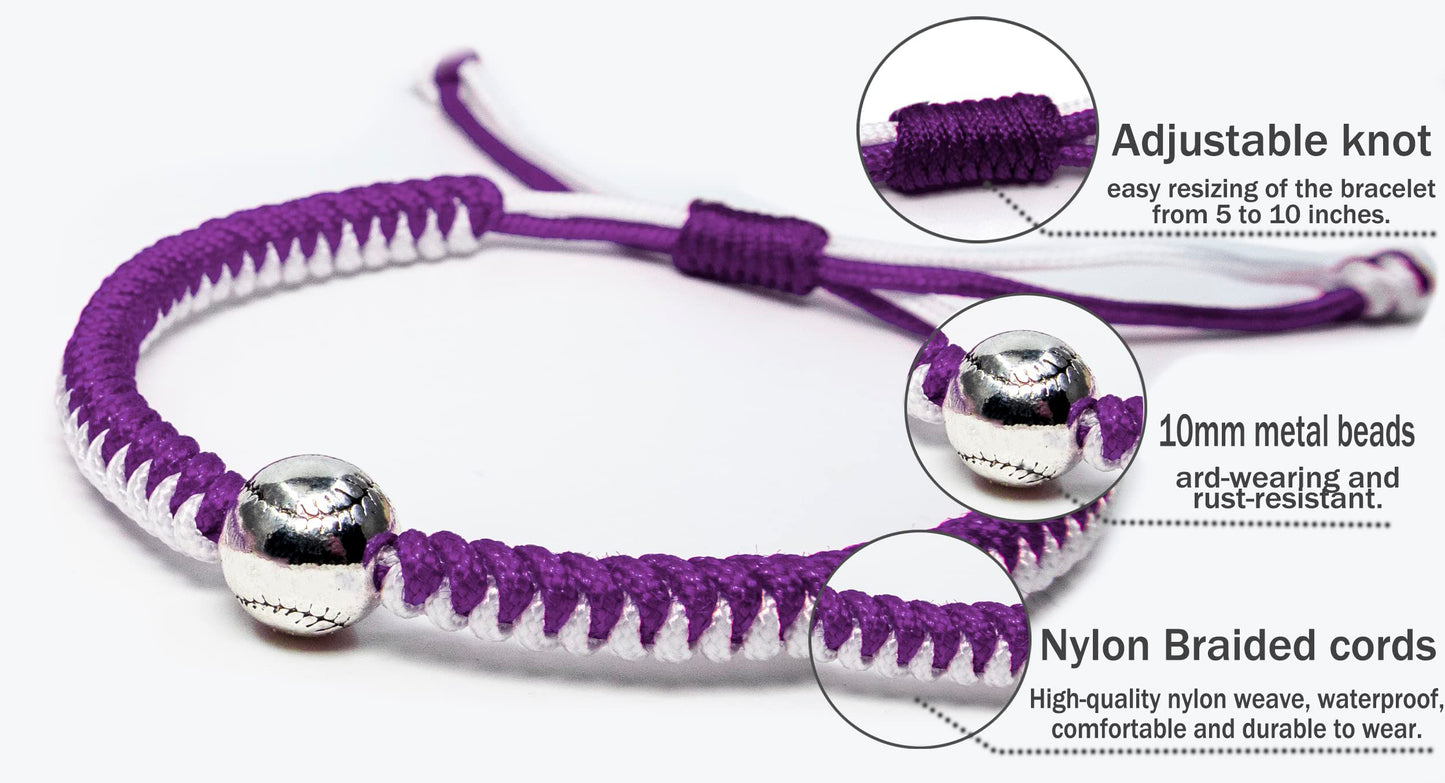 Handmade Braided Bracelets Baseball Gifts for Boys Adjustable Wristbands with Baseball Beads, Inspirational Baseball Bracelets for Girls Teens Adults (purple 2PCS)