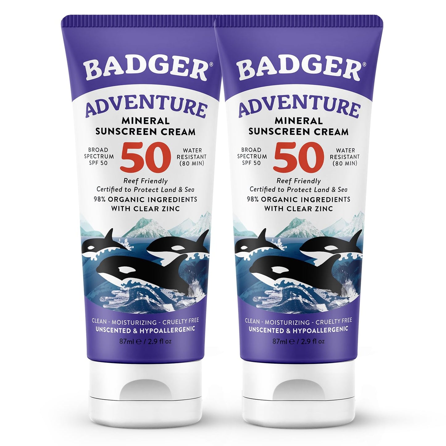 Badger Mineral Sunscreen SPF 50 Zinc Oxide Sunscreen with 98% Organic Ingredients, Reef-Safe, Broad-Spectrum, Hypoallergenic, Water Resistant, Unscented Adventure Sport Sunscreen 2.9 fl oz (2 Pack)