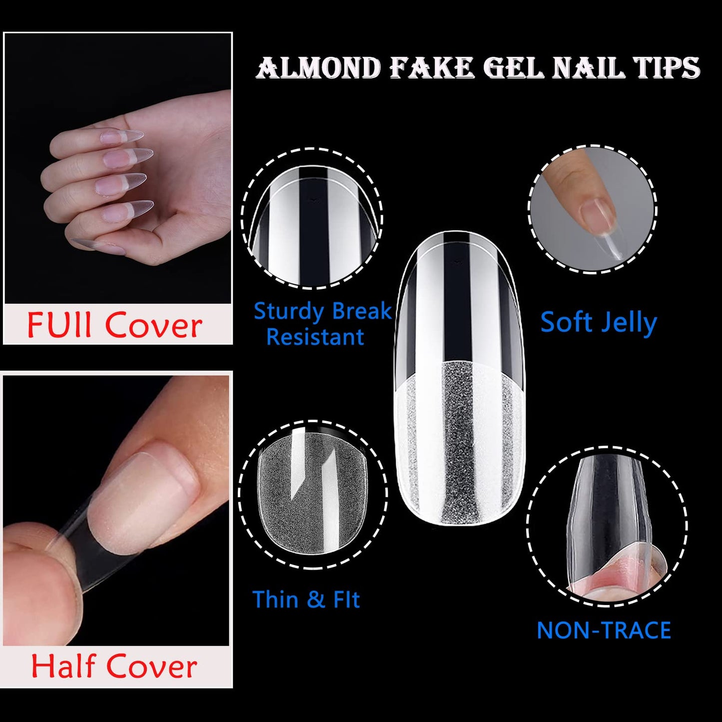 MAGIC ARMOR Round Almond Nail Tips Pre-shape 504pcs Round Almond Gel Nail Tips Round Oval Almond Press on Nails Soft Gel Nail Tips for Full Cover Acrylic Round Oval Full Nails False Nails 10 Sizes Ova